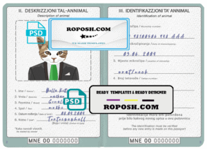 Montenegro cat (animal, pet) passport PSD template, fully editable