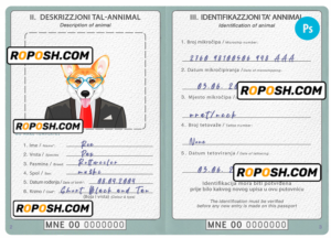 Montenegro dog (animal, pet) passport PSD template, fully editable
