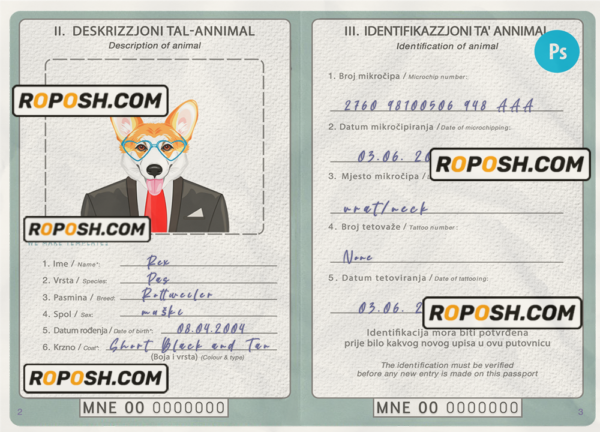 Montenegro dog (animal, pet) passport PSD template, fully editable scan effect