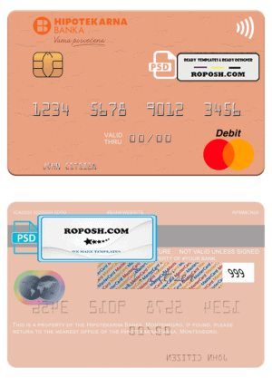 Montenegro Hipotekarna bank mastercard, fully editable template in PSD format