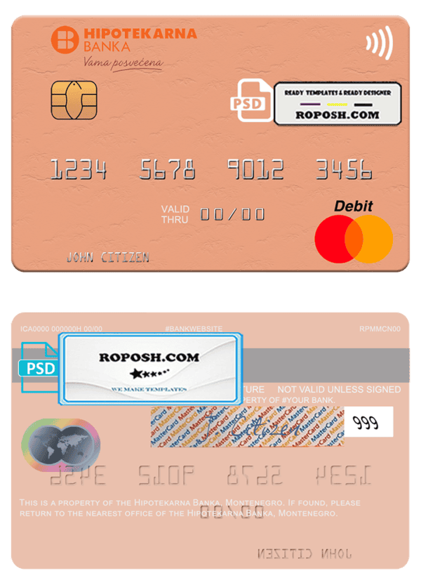 Montenegro Hipotekarna bank mastercard, fully editable template in PSD format