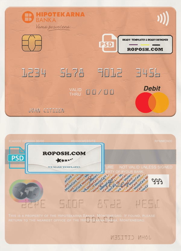 Montenegro Hipotekarna bank mastercard, fully editable template in PSD format