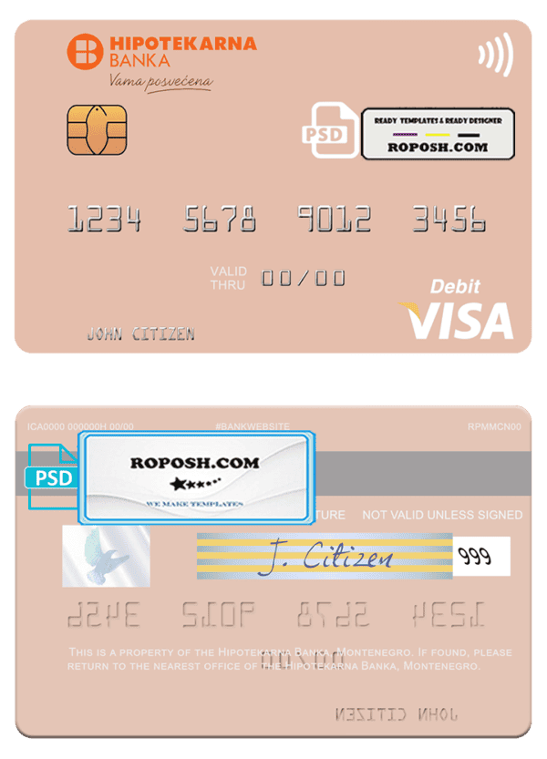 Montenegro Hipotekarna bank visa debit card, fully editable template in PSD format