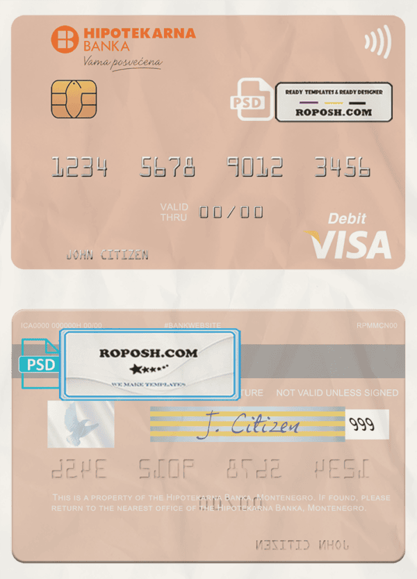 Montenegro Hipotekarna bank visa debit card, fully editable template in PSD format