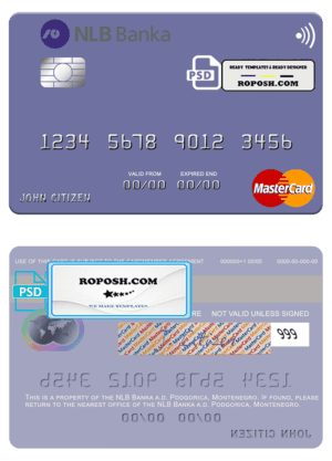 Montenegro NLB Banka a.d. Podgorica bank mastercard, fully editable template in PSD format