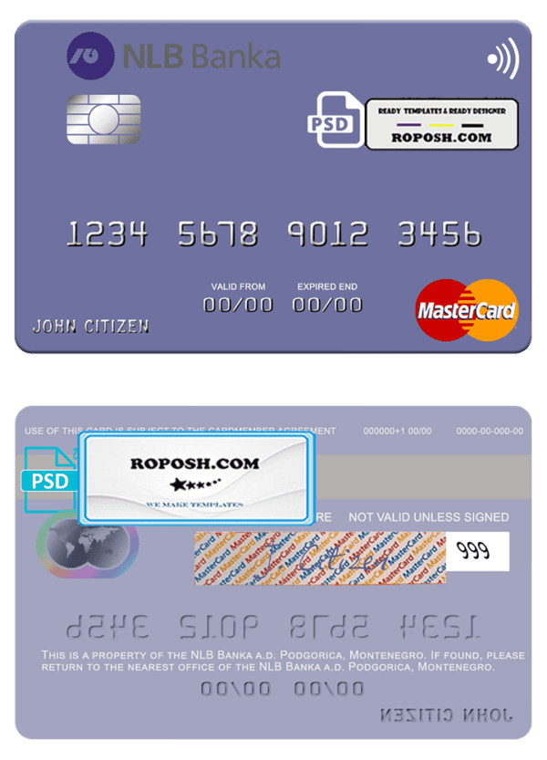 Montenegro NLB Banka a.d. Podgorica bank mastercard, fully editable template in PSD format
