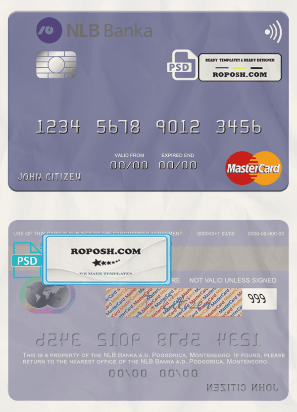 Montenegro NLB Banka a.d. Podgorica bank mastercard, fully editable template in PSD format