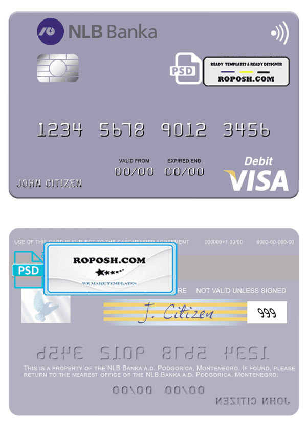 Montenegro NLB Banka a.d. Podgorica bank visa debit card, fully editable template in PSD format