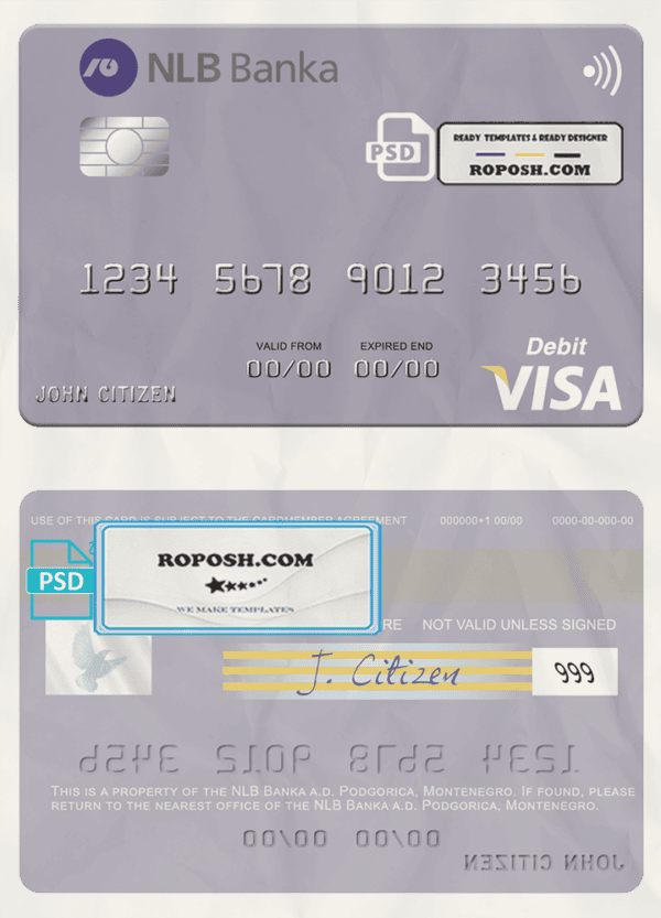 Montenegro NLB Banka a.d. Podgorica bank visa debit card, fully editable template in PSD format