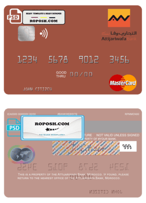 Morocco Attijariwafa bank mastercard, fully editable template in PSD format