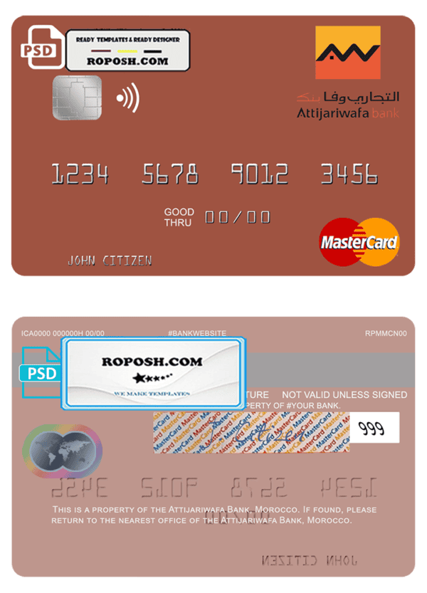 Morocco Attijariwafa bank mastercard, fully editable template in PSD format