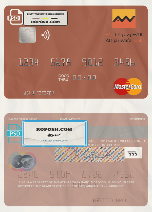 Morocco Attijariwafa bank mastercard, fully editable template in PSD format