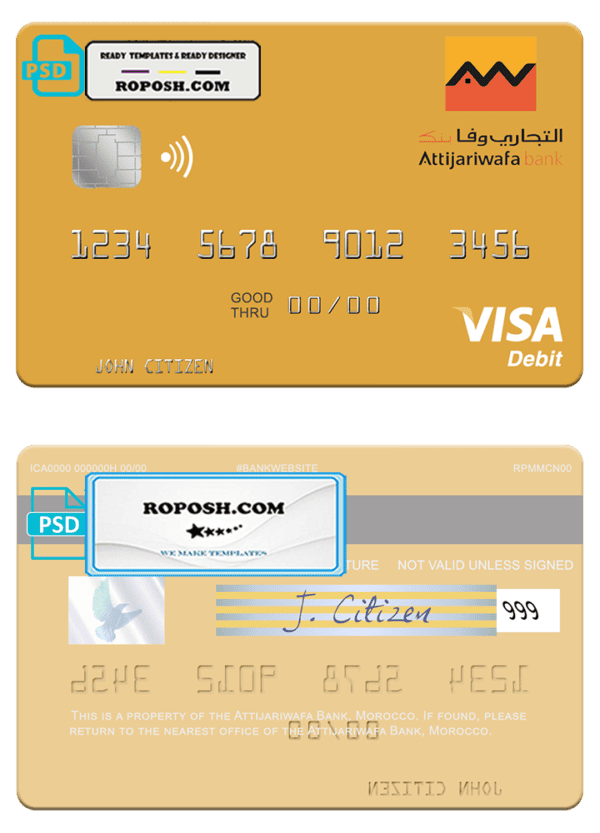 Morocco Attijariwafa bank visa debit card, fully editable template in PSD format