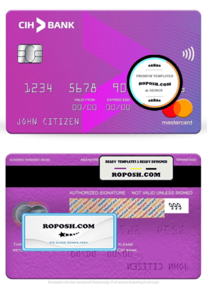 Morocco CIH bank mastercard, fully editable template in PSD format