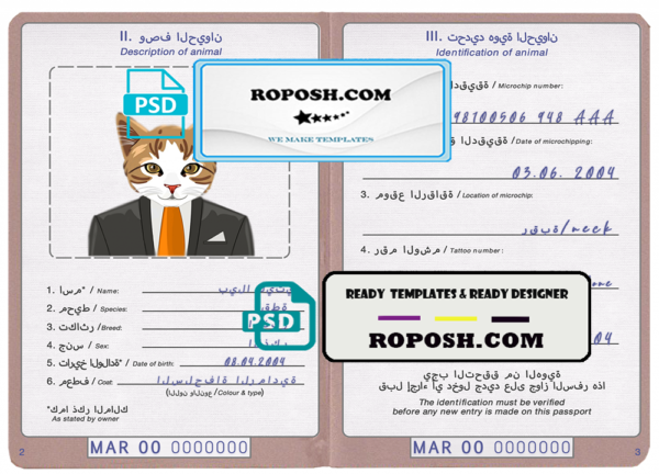 Morocco cat (animal, pet) passport PSD template, fully editable