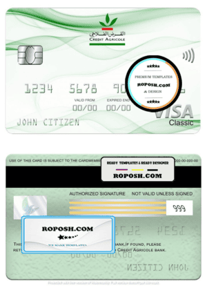 Morocco Credit Agricole bank visa classic card, fully editable template in PSD format