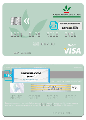 Morocco Crédit Agricole du Maroc bank visa debit card, fully editable template in PSD format