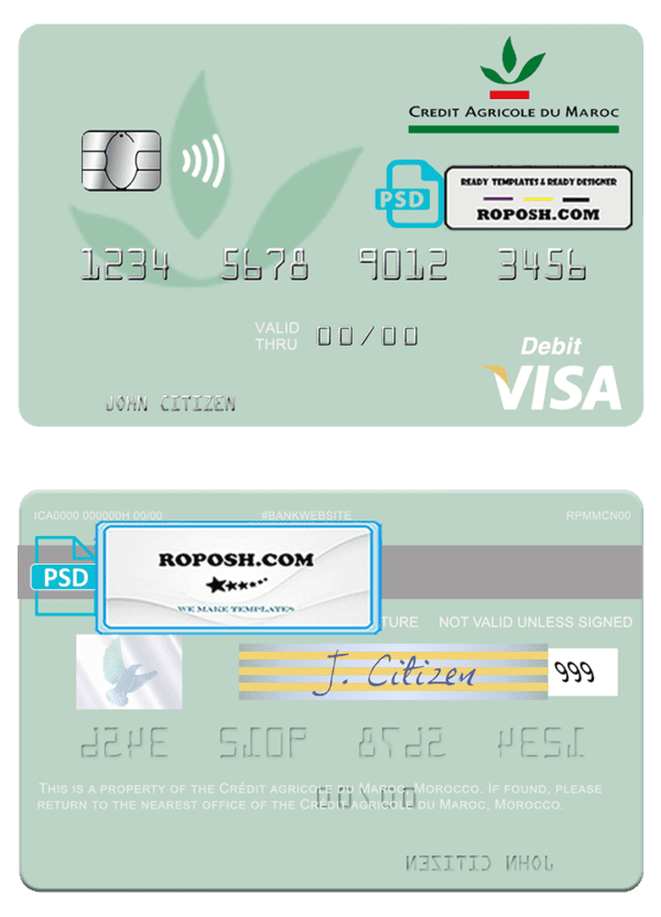 Morocco Crédit Agricole du Maroc bank visa debit card, fully editable template in PSD format