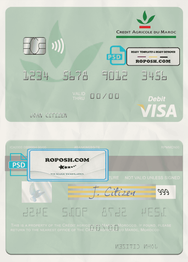Morocco Crédit Agricole du Maroc bank visa debit card, fully editable template in PSD format