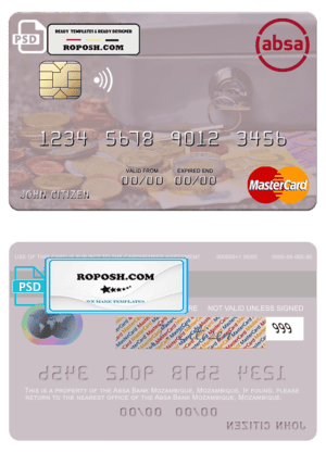 Mozambique Absa Bank Mozambique mastercard, fully editable template in PSD format