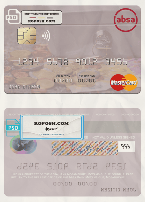 Mozambique Absa Bank Mozambique mastercard, fully editable template in PSD format