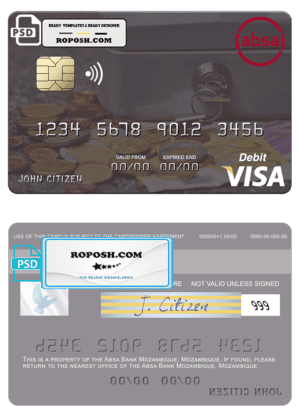 Mozambique Absa Bank Mozambique visa debit card, fully editable template in PSD format