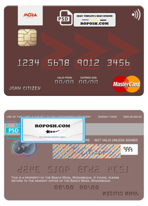 Mozambique Banco Moza mastercard, fully editable template in PSD format