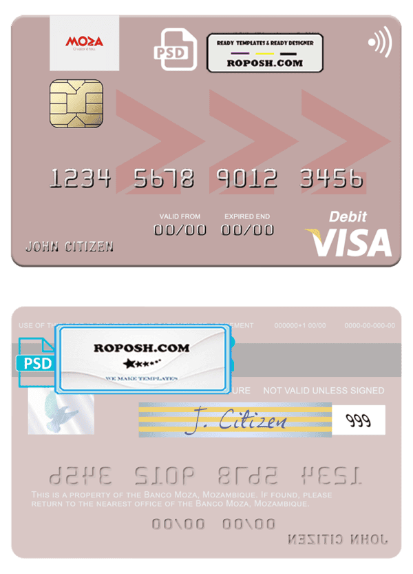 Mozambique Banco Moza visa debit card, fully editable template in PSD format