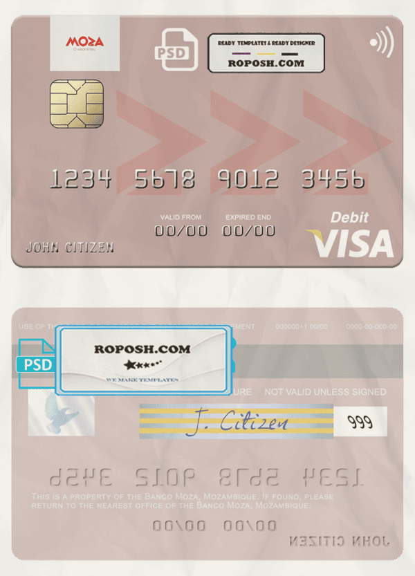 Mozambique Banco Moza visa debit card, fully editable template in PSD format