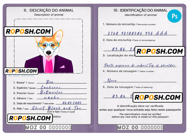 Mozambique dog (animal, pet) passport PSD template, fully editable