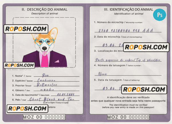 Mozambique dog (animal, pet) passport PSD template, fully editable