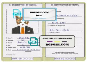 Myanmar cat (animal, pet) passport PSD template, completely editable