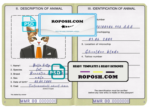 Myanmar cat (animal, pet) passport PSD template, completely editable