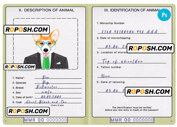 Myanmar dog (animal, pet) passport PSD template, completely editable