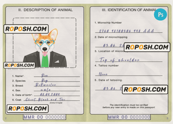 Myanmar dog (animal, pet) passport PSD template, completely editable