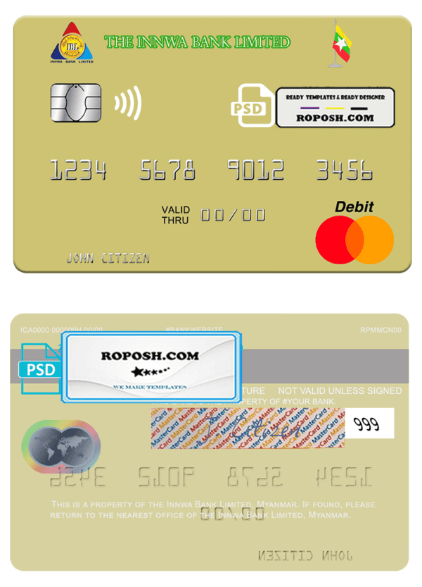 Myanmar Innwa Bank Limited mastercard, fully editable template in PSD format