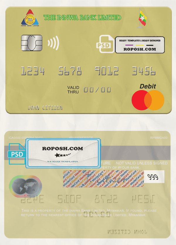 Myanmar Innwa Bank Limited mastercard, fully editable template in PSD format