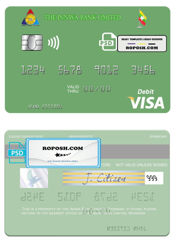 Myanmar Innwa Bank Limited visa debit card, fully editable template in PSD format