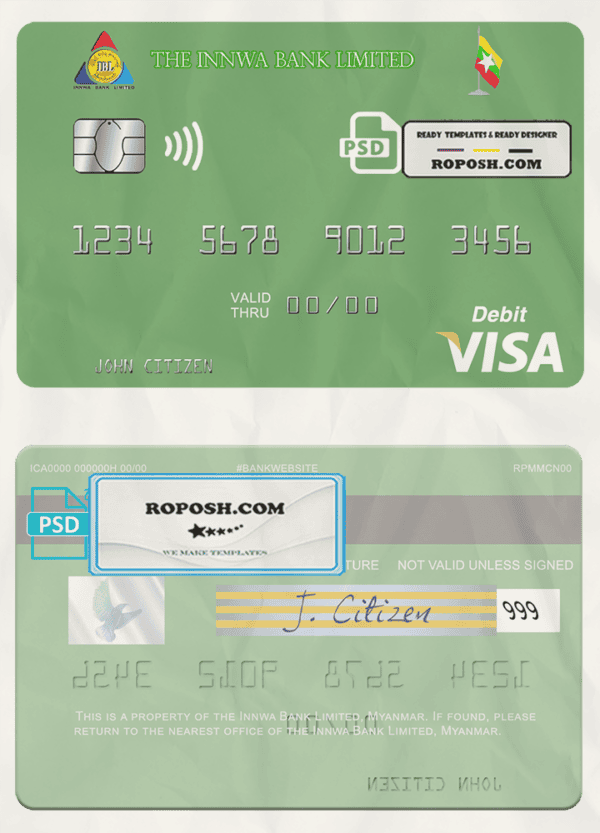 Myanmar Innwa Bank Limited visa debit card, fully editable template in PSD format