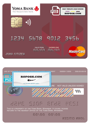 Myanmar Yoma Bank Limited mastercard, fully editable template in PSD format