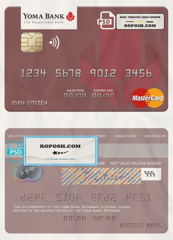 Myanmar Yoma Bank Limited mastercard, fully editable template in PSD format