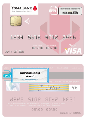 Myanmar Yoma Bank Limited visa debit card, fully editable template in PSD format
