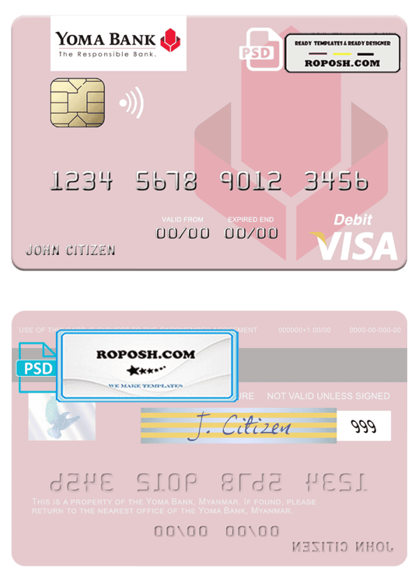 Myanmar Yoma Bank Limited visa debit card, fully editable template in PSD format
