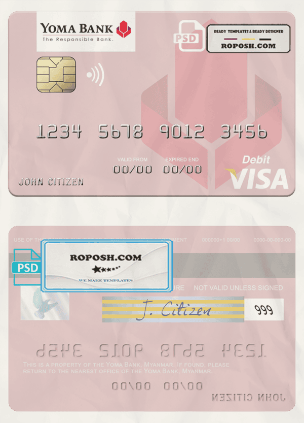 Myanmar Yoma Bank Limited visa debit card, fully editable template in PSD format