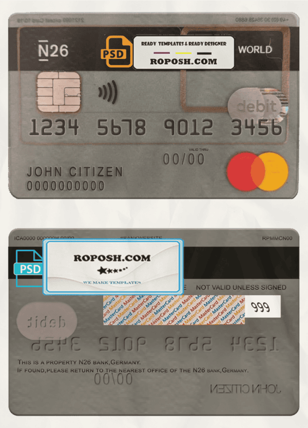 Germany N26 bank mastercard template in PSD format, fully editable