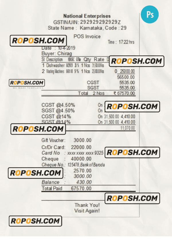 NATIONAL ENTERPRISES payment receipt PSD template