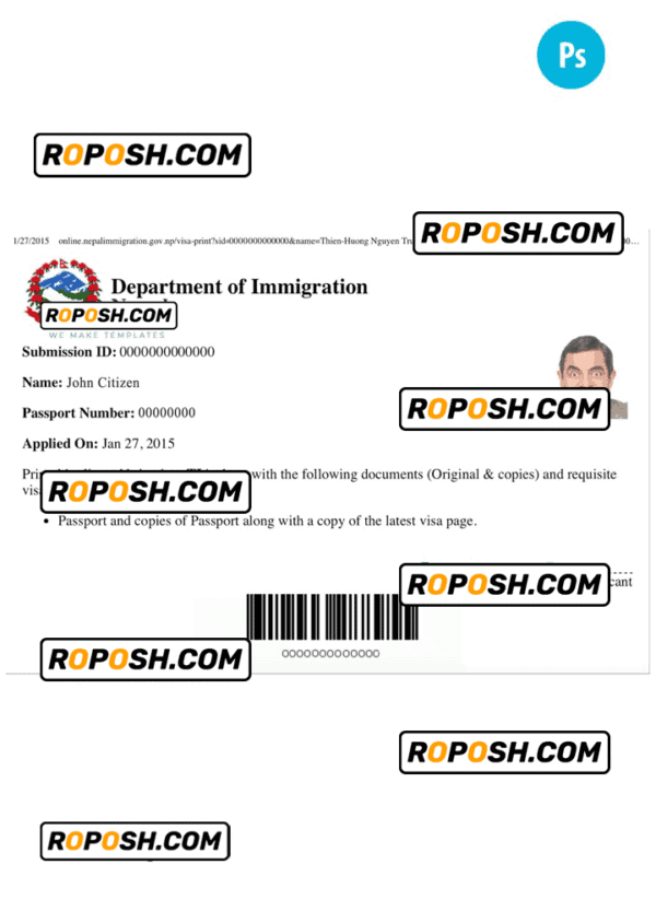 NEPAL electronic tourist visa PSD template, fully editable