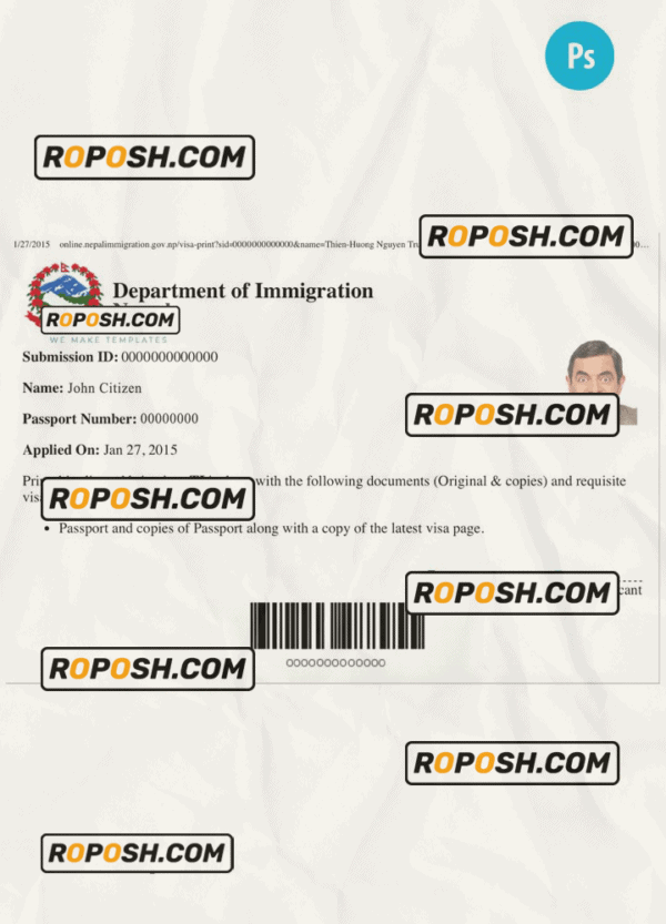 NEPAL electronic tourist visa PSD template, fully editable