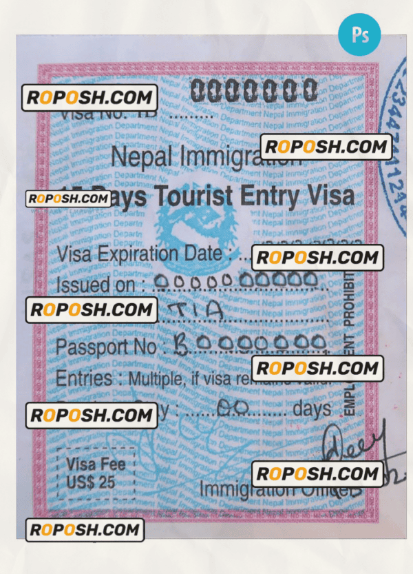 NEPAL tourist entry visa PSD template, with fonts