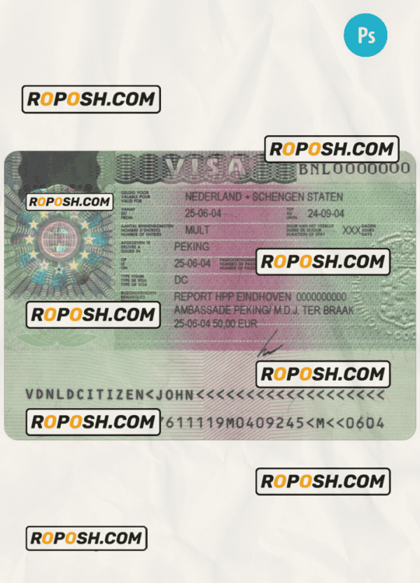 NETHERLANDS travel visa PSD template, completely editable, with fonts